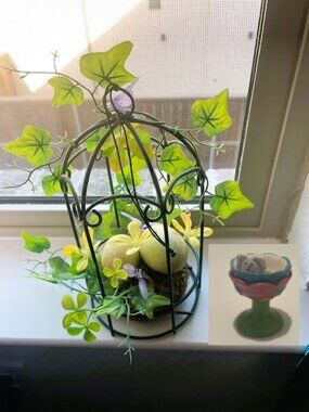 Decorative birdcage floral arrangements with eggs Plus an egg holder